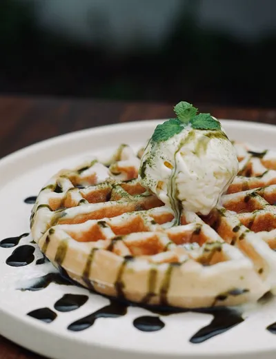 Waffle with ice cream and drizzle